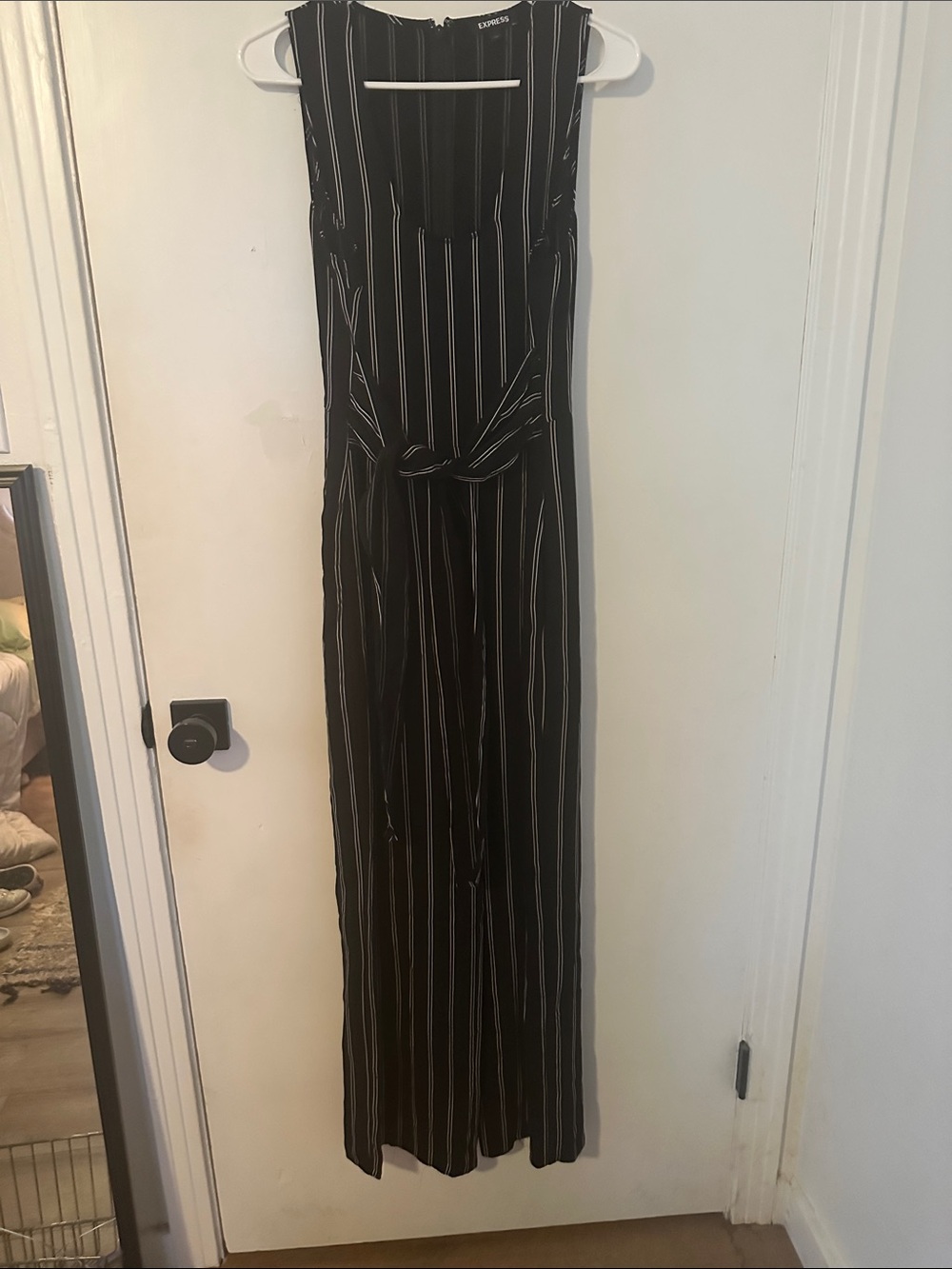 Express Black Jumpsuit with White Pinstripes